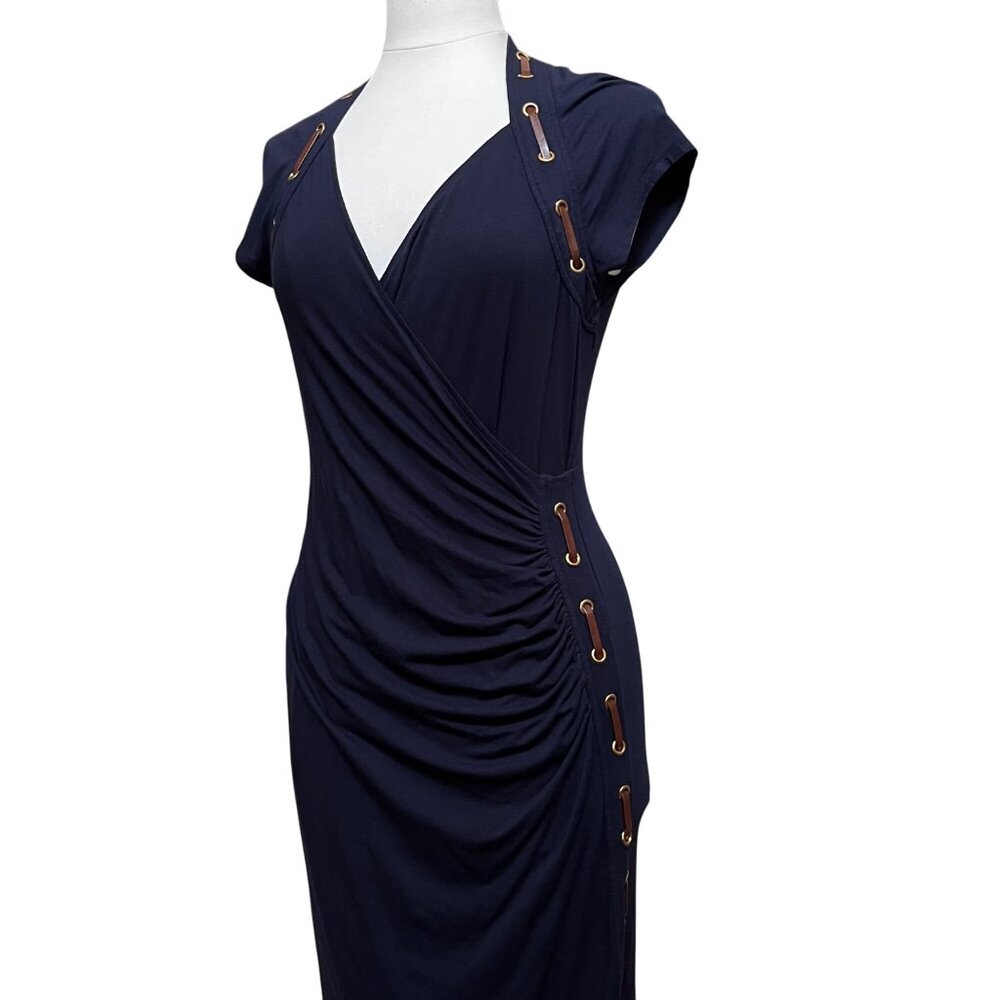 Carmen Navy Blue Faux Wrap Dress Stretch Side V Neck Shirred‎ Grommet Lacing Lg
